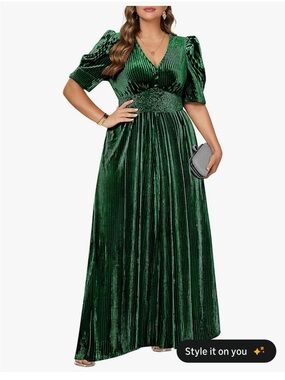 Pinup Fashion Green Velvet V-Neck Maxi Dress
